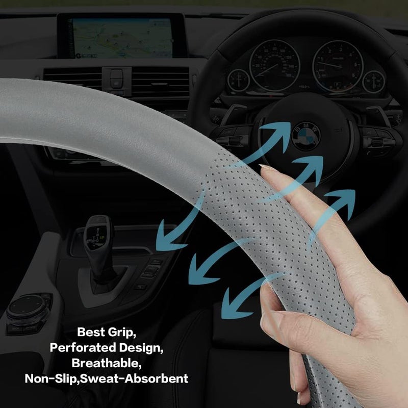 VARGTR Car Steering Wheel Cover Universal 15 Inch Premium Leather Car Steering Wheel Cover Best Grip Perforated Design Breathable Non-Slip Sweat-Absorbent Warm in Winter and Cool in Summer (Gray) - Image 3